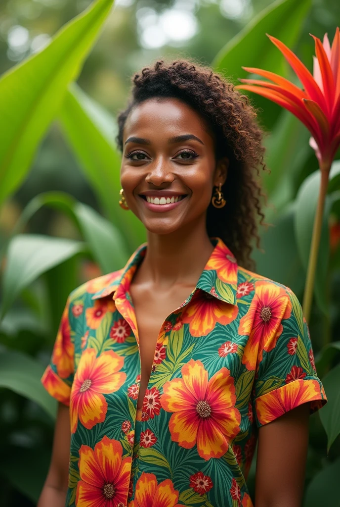A Brazilian woman in a lush tropical garden, wearing an open shirt with a floral print, with a close-up capturing the harmonious beauty between her breasts and the natural flowers, showing off your natural charm and outgoing personality.without any item of clothing