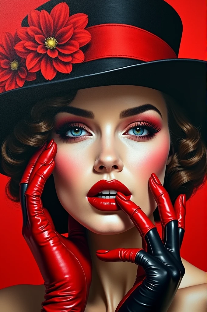 Oil painting of a seductive, lively woman's face with bold, dark red lips and nails. Her eyes are partially hidden by a stylish red and black striped hat with delicate flowers. Her eyes peek out of the hat, exuding confidence. Red and black leather gloves complete her bold ensemble, while her lips are framed by a precise black liner. The vibrant colours of red, black and white create a striking contrast, making this painting a true work of art.

Translated with DeepL.com (free version)