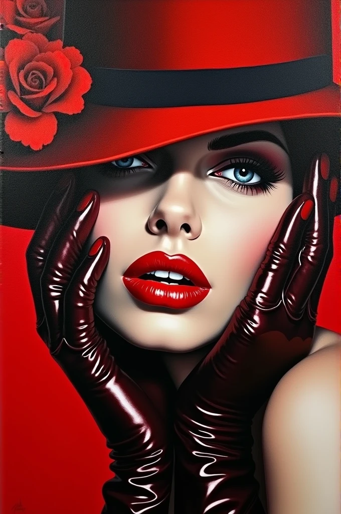 Oil painting of a seductive, lively woman's face with bold, dark red lips and nails. Her eyes are partially hidden by a stylish red and black striped hat with delicate flowers. Her eyes peek out of the hat, exuding confidence. Red and black leather gloves complete her bold ensemble, while her lips are framed by a precise black liner. The vibrant colours of red, black and white create a striking contrast, making this painting a true work of art.
Translated with DeepL.com (free version)