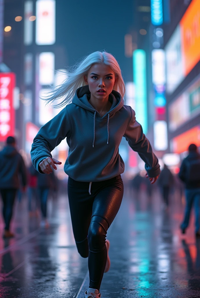 
 Young adult Asian Indigenous woman with shoulder-length blonde hair and white skin., violet eyes. annoyed. escaping, She wears a gray hoodie and black leggings, cyberpunk style animated
