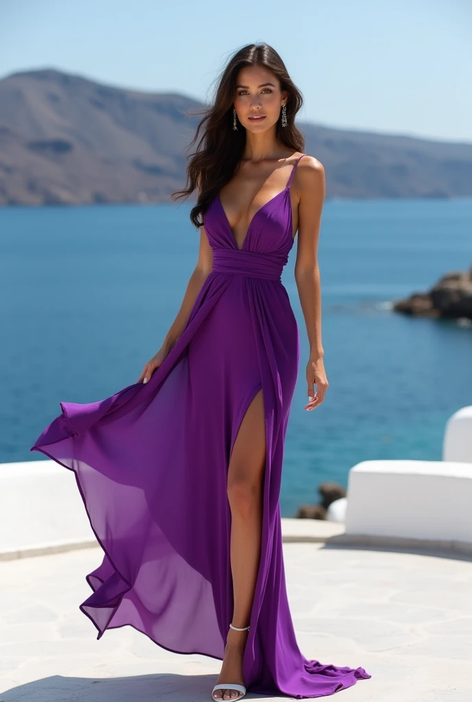 brunette influencer. in a purple dress. wear white heels. slender body. F-чашка. split. perfect face. perfect fingers. perfect hand. perfect legs. perfect legs. tanned skin color. sexual pose. sexual. Big round . EMPTY HANDS. Supermodel. mood: Mykonos, Greece.
