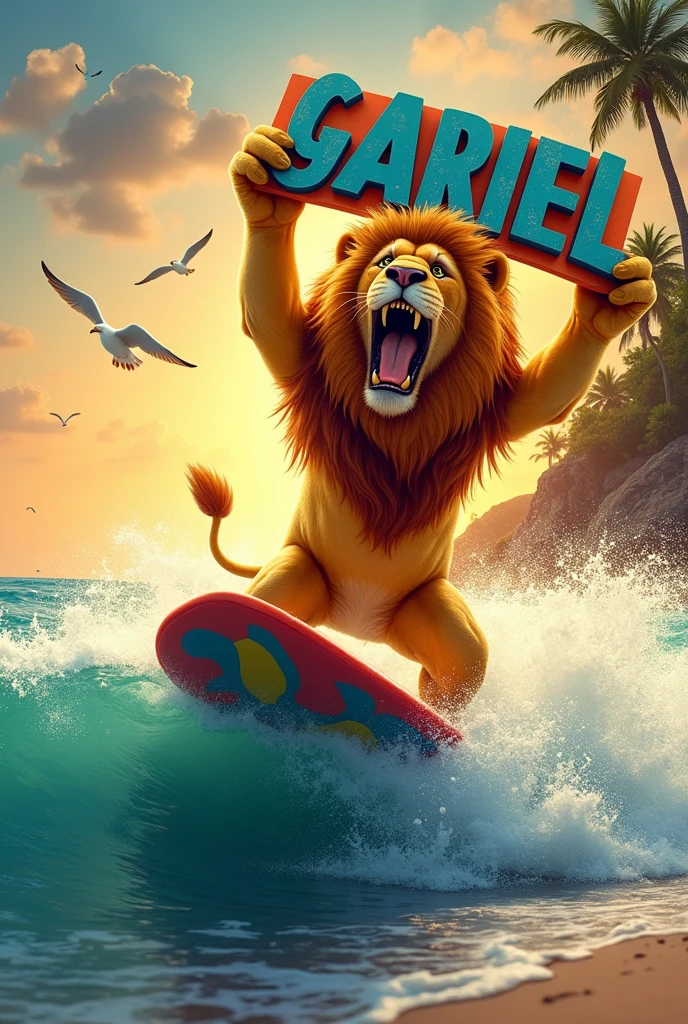 lion holds a sign with the letters "Gabriel" while surfing on the beach