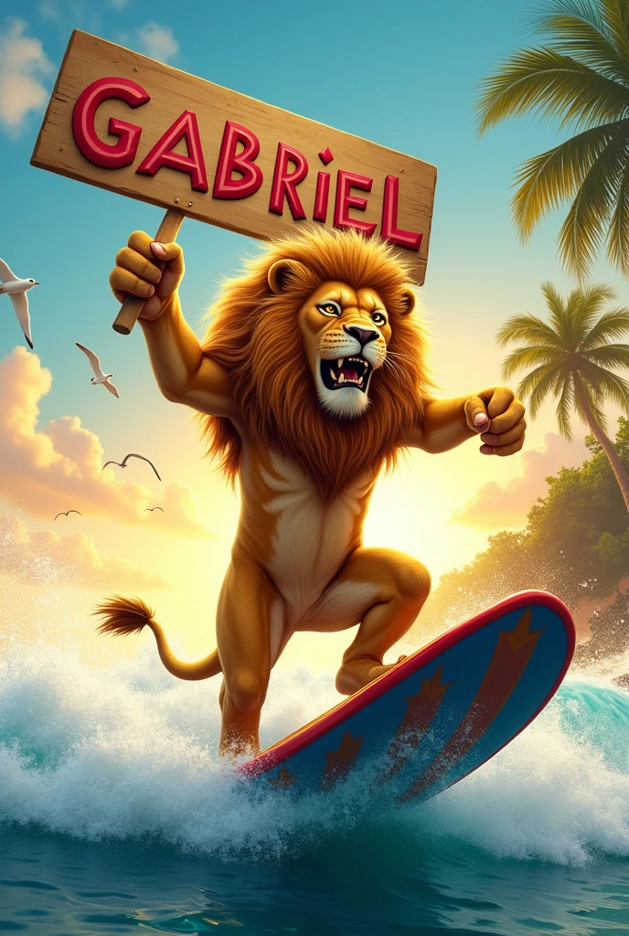 lion holds a sign with the letters "Gabriel" while surfing on the beach