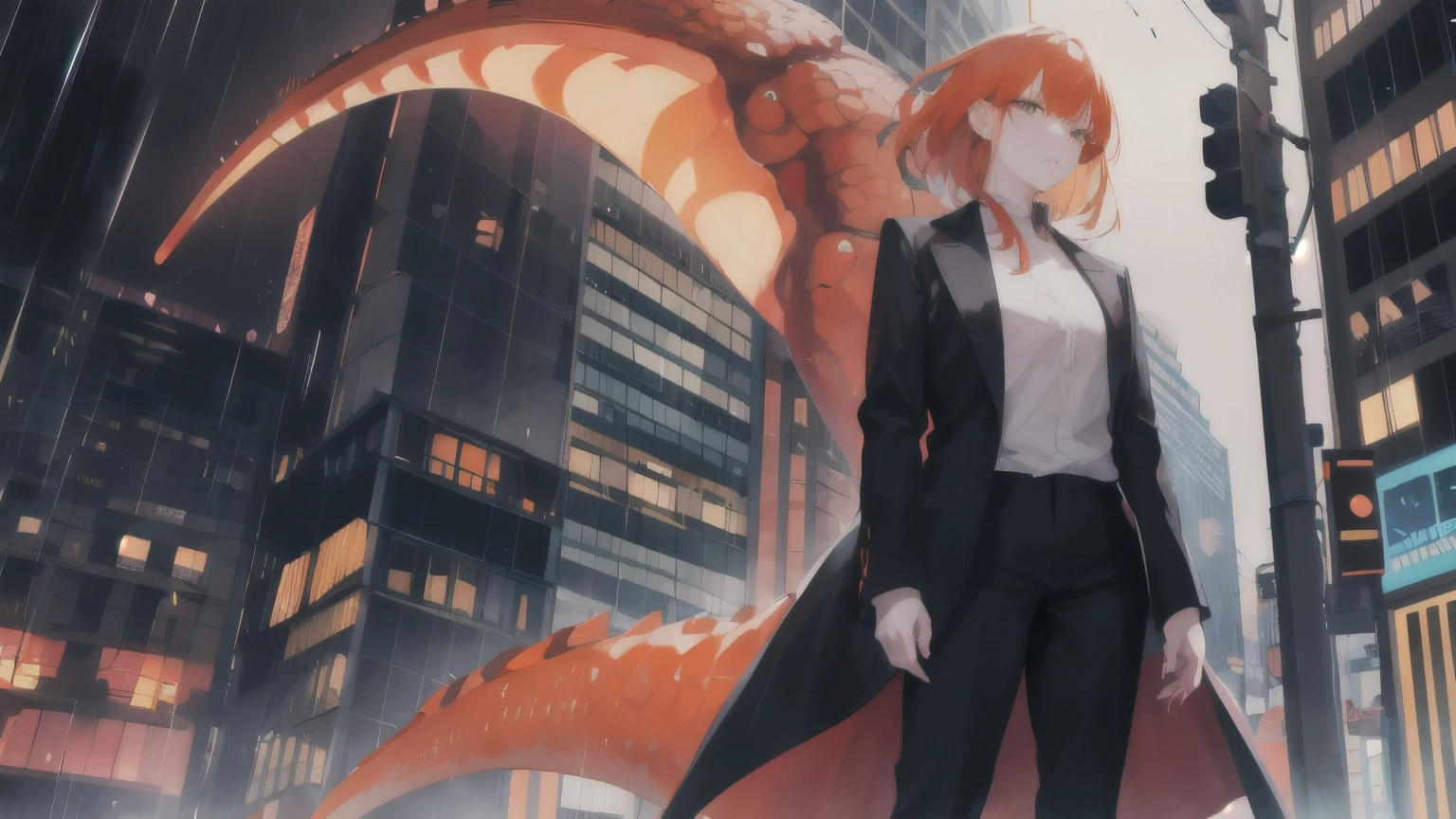 city at night, rain, 1 woman with her back to the viewer, high black pants, orange dinosaur tail, long orange hair, long coat, mafia