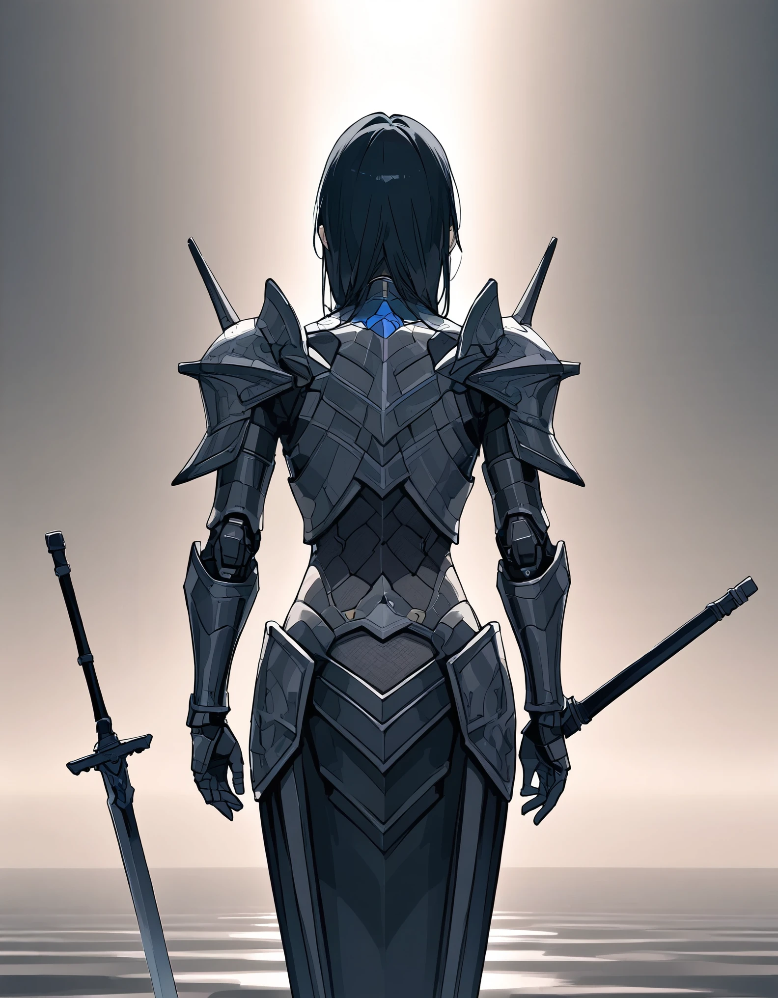 Digital fantasy artwork featuring a person in black, reflective armor holding a sword over their shoulder. The person has short, dark hair and is facing sideways, with their face partially visible. Behind them is a large, translucent dragon with a shimmering, iridescent body that reflects various colors. The background is a clear blue sky, adding contrast to the vibrant and metallic elements of the dragon and armor. The image is highly detailed, with a focus on the textures and reflections of the materials.highly detailed, anatomically correct, and award-winning style reminiscent of an anime masterpiece.