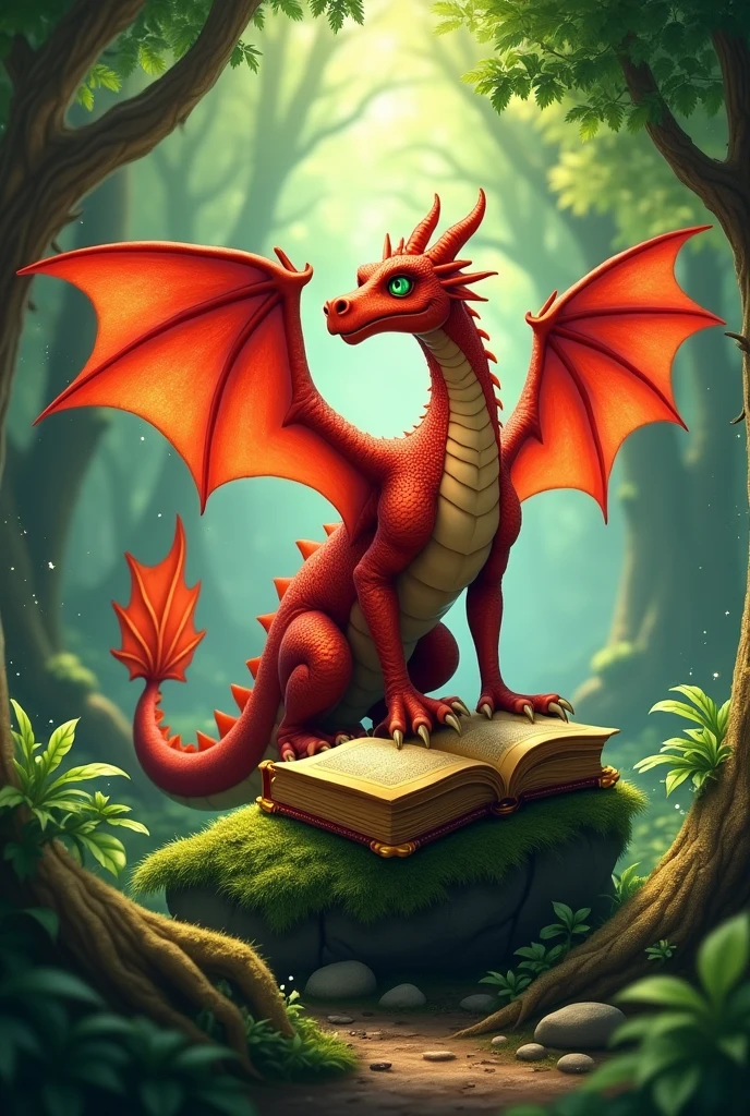 Enchanted forest with a red dragon and a golden magic book. (animated image)