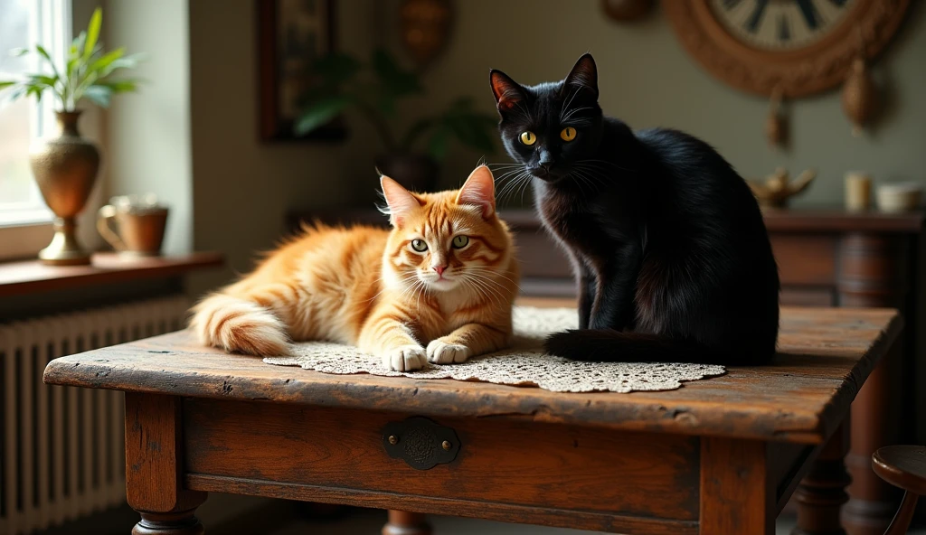 give me 2 cats on rustic temple table from the 1800s