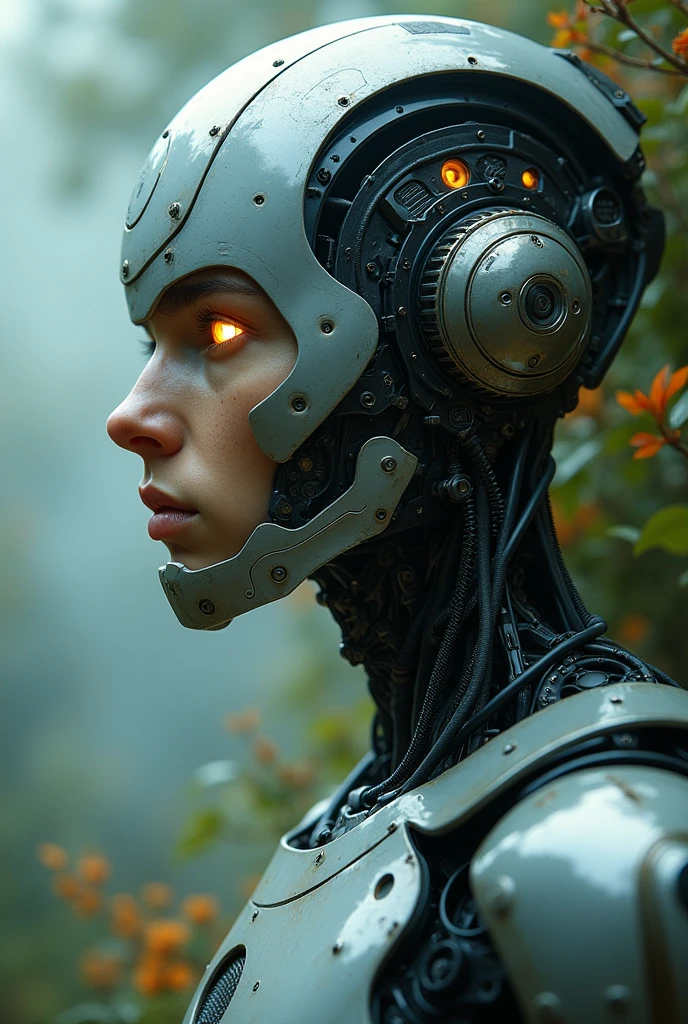A highly detailed male cyborg, with a focus from the shoulders up, looking slightly to the left. The cyborg should have a futuristic and sleek appearance, featuring a combination of polished metal and intricate mechanical details. His eyes should be glowing and enigmatic, with an expression suggesting contemplation or reflection. The background should be ethereal and natural, blending elements of nature (such as trees, plants, and a subtle mist) with hints of a futuristic environment. The transition between the cyborg's technology and the natural elements should be smooth and harmonious, creating a striking visual contrast