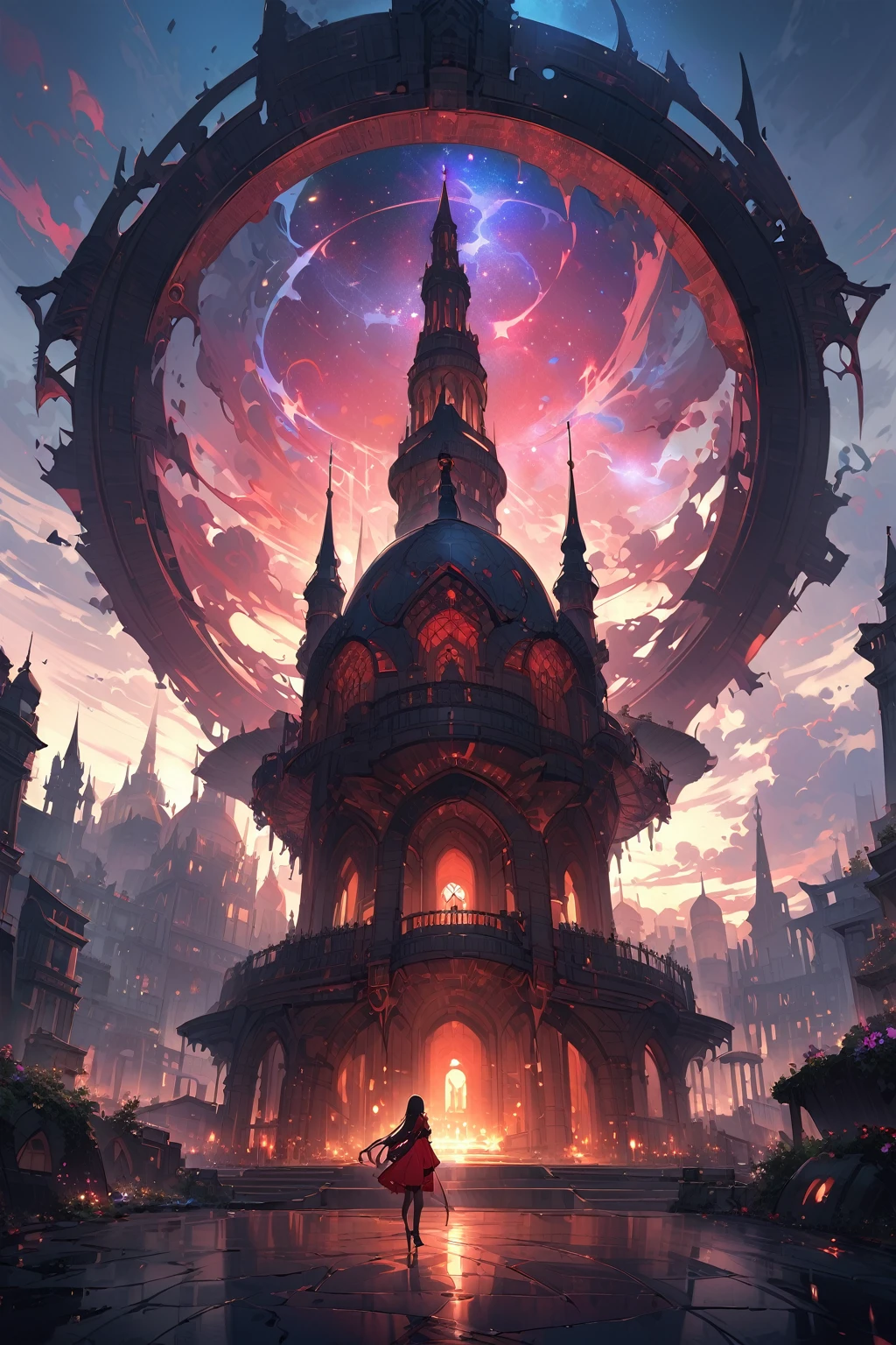 Gothic city of the Necro、Face that is、Face that is、It's a testament to its haunting beauty and creepiness，A testament to civilization's deep reverence for death and the afterlife. Its architecture incorporates a dark aesthetic, intricate designs, And the mystery of the afterlife. Below is a visual description:

Cityscape:
As you approach the Gothic Necropolis City, You will be greeted by a sprawling metropolis shrouded in eternal twilight. Dark clouds loom overhead, Face that is、Face that is、Face that is、It casts an ethereal glow on the pale and translucent buildings of the city. Cityscape in a desolate landscape, Towering spires, Ornate arches, Complex bridges spanning gaps between buildings.

architecture:
The building itself is、It is a mixture of Gothic and necromancy styles. turrets, minaret, Buttresses adorn the structure, Reach for the sky like a skeleton's fingers. These structures are mainly made of darkness, emissive material，It seems to absorb and emit a dim glow, otherworldly glow. The architecture combines grandeur and melancholy, It reflects the duality of the relationship between the dead and the dead.

Mausoleum-style mansion:
The dwellings of the city resemble mausoleums, Sculpture depicting an arched entrance and death scene, Leutentic, And cosmic energy. Balconies and terraces are decorated with stone carvings，It seems to come to life in the ever-changing twilight, Cast eerie shadows on the street below.（length hair）、（Red Dress Mini Skirt Type）、（Silhouette of a woman with long legs）