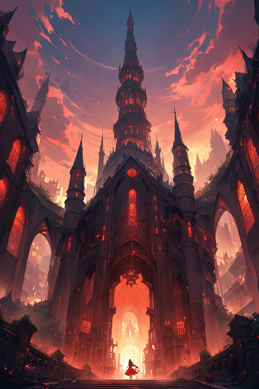 Gothic city of the Necro、Face that is、Face that is、It's a testament to its haunting beauty and creepiness，A testament to civilization's deep reverence for death and the afterlife. Its architecture incorporates a dark aesthetic, intricate designs, And the mystery of the afterlife. Below is a visual description:

Cityscape:
As you approach the Gothic Necropolis City, You will be greeted by a sprawling metropolis shrouded in eternal twilight. Dark clouds loom overhead, Face that is、Face that is、Face that is、It casts an ethereal glow on the pale and translucent buildings of the city. Cityscape in a desolate landscape, Towering spires, Ornate arches, Complex bridges spanning gaps between buildings.

architecture:
The building itself is、It is a mixture of Gothic and necromancy styles. turrets, minaret, Buttresses adorn the structure, Reach for the sky like a skeleton's fingers. These structures are mainly made of darkness, emissive material，It seems to absorb and emit a dim glow, otherworldly glow. The architecture combines grandeur and melancholy, It reflects the duality of the relationship between the dead and the dead.

Mausoleum-style mansion:
The dwellings of the city resemble mausoleums, Sculpture depicting an arched entrance and death scene, Leutentic, And cosmic energy. Balconies and terraces are decorated with stone carvings，It seems to come to life in the ever-changing twilight, Cast eerie shadows on the street below.（length hair）、（Red Dress Mini Skirt Type）、（Silhouette of a woman with long legs）