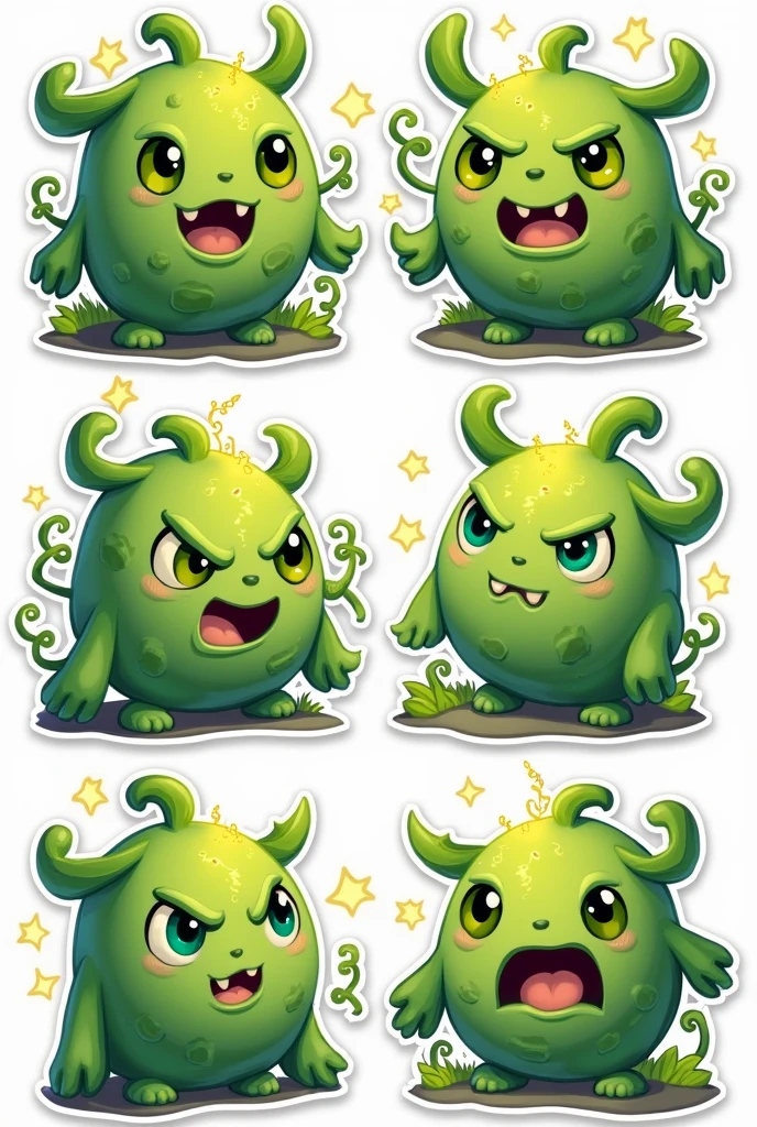 Design a set of 3D stylized stickers for the SOLMON - Solana Monsters series. Each sticker should feature a SOLMON character depicted in a cute, chibi-style with big, expressive eyes and exaggerated features. The characters should be vibrant and playful, with glowing accents and small details like moss, vines, or elemental effects depending on their type (e.g., fire, water, nature). Moss (Nature Golem):
Happy (wide smile, glowing green eyes)
Angry (furrowed brows, cracks forming on the body)
Surprised (wide-open eyes, glowing head)
Sleepy (half-closed eyes, small yawn)