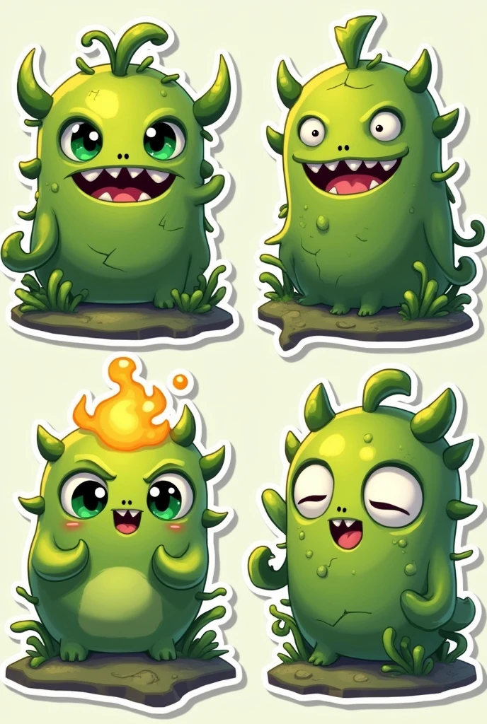 Design a set of 3D stylized stickers for the SOLMON - Solana Monsters series. Each sticker should feature a SOLMON character depicted in a cute, chibi-style with big, expressive eyes and exaggerated features. The characters should be vibrant and playful, with glowing accents and small details like moss, vines, or elemental effects depending on their type (e.g., fire, water, nature). Moss (Nature Golem):
Happy (wide smile, glowing green eyes)
Angry (furrowed brows, cracks forming on the body)
Surprised (wide-open eyes, glowing head)
Sleepy (half-closed eyes, small yawn)