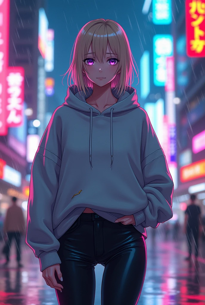 
 Young adult Asian Indigenous woman with shoulder-length blonde hair and white skin., violet eyes. annoyed. escaping, She wears a gray hoodie and black leggings, cyberpunk anime style
