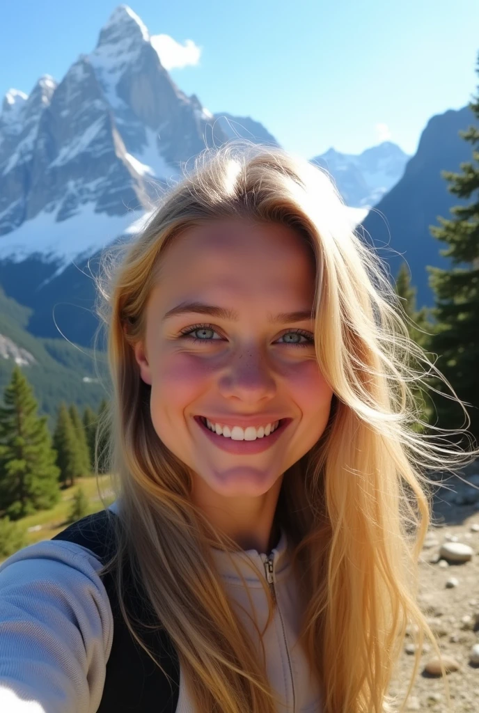 Realistic photo of a selfie of a blonde model, 19 years old in the mountains.
