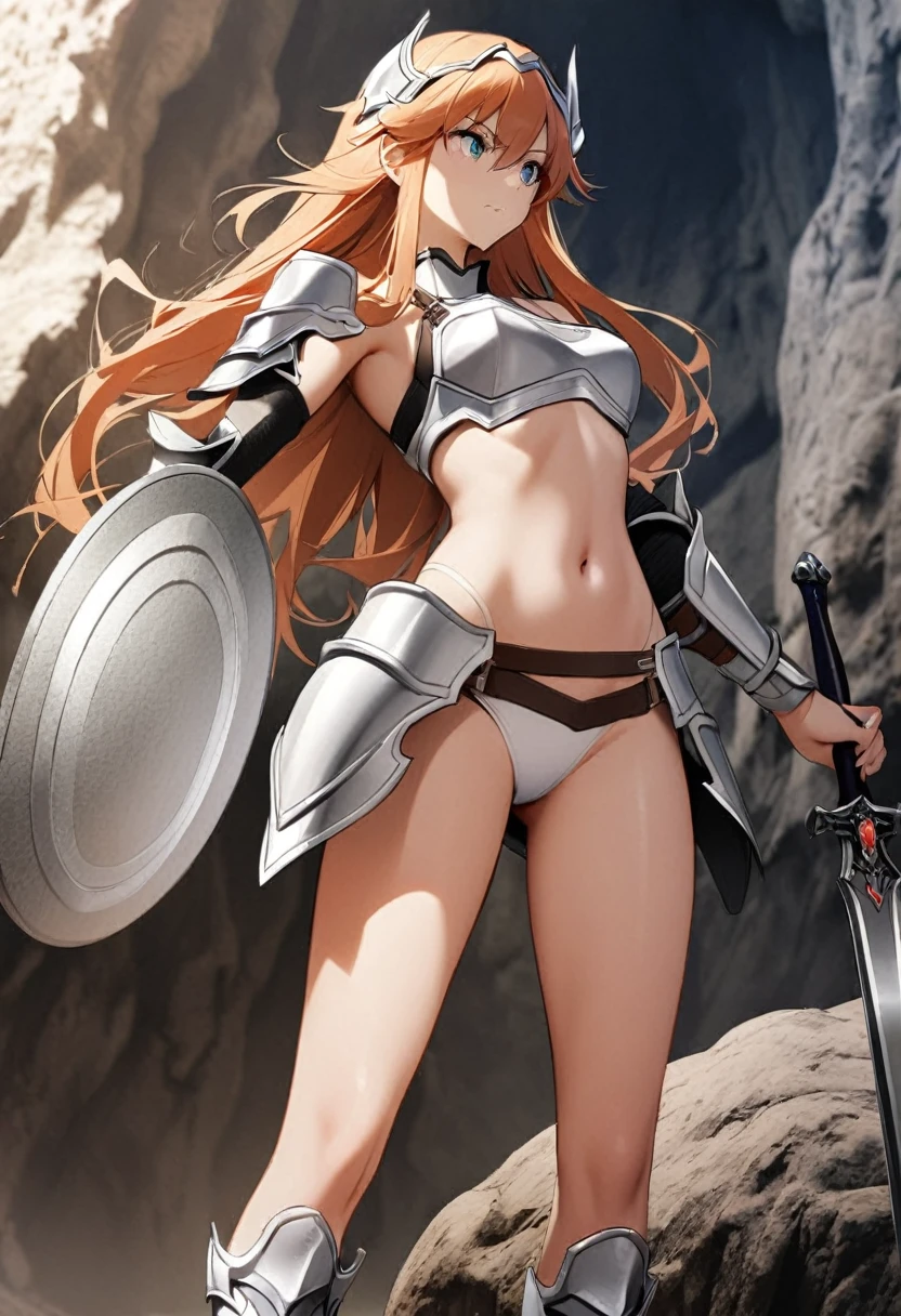 1woman, solo, long hair, bikinia armour, bare stomach, bare navel, bare thgihs, knee armour, legs armour, round shield, sword, cave background, 