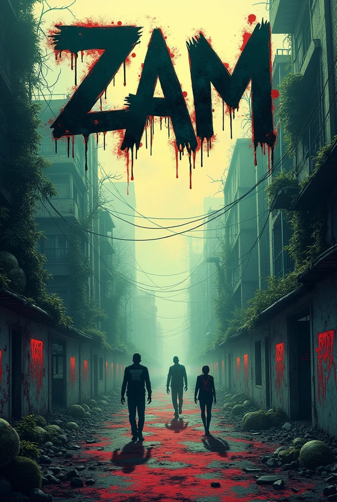 zombie theme in drawing, with the name ZAM at the top and MascaZombieRanhas at the bottom visibly, both names must appear, ZAM at the top and MascaZombieRanhas at the bottom