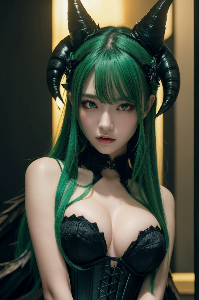 The character is a Japanese beauty, depicted in a hyper-realistic photorealistic style.、She sits against a dark and mysterious backdrop,。she has glowing green hair,、and she wears a black corset-like dress.。and large, black, devilish horns sprout from her head.、with large black wings spread behind her.。Her eyes are a vibrant green,、Her expression conveys a strong will,。The lighting is soft、The focus is adjusted to highlight her face and chest,、highlighting her beautiful features in contrast to the dark background.。Consists of a vertical screen、The character's details are meticulously rendered,、enhancing the overall realism.。