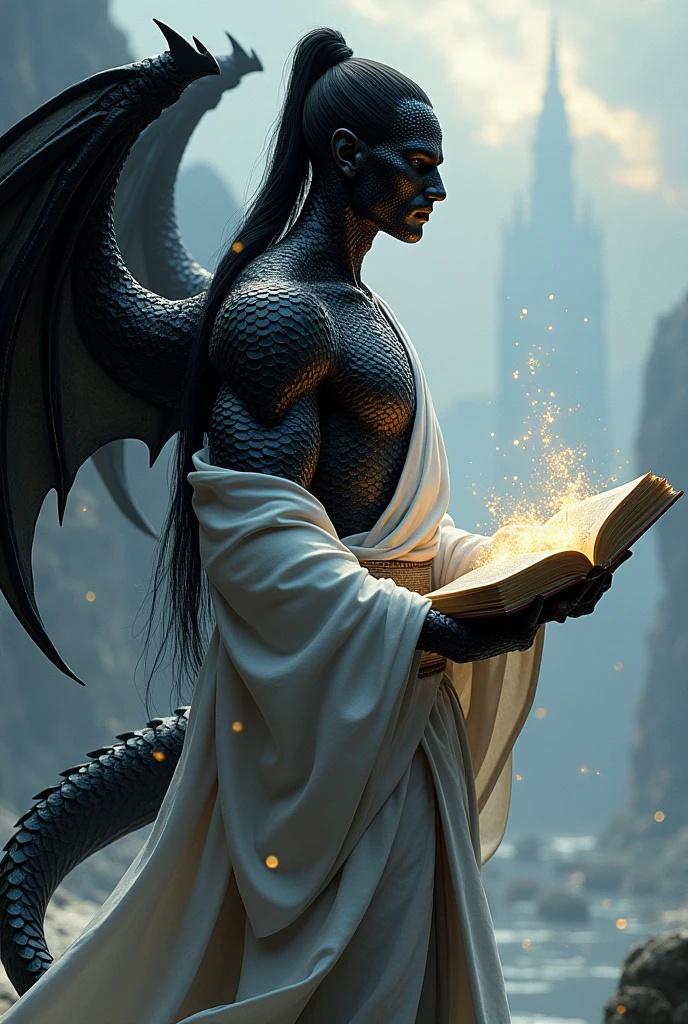 A man with black scales and an extravagant dragon wing, black hair tied back with a white stripe, long, with black scales covering almost all of its body except for the face and wearing a white Yukata Haori , holding an open book in their right hand. Illustrated RPG concept art style, アニメ, with striking lighting and heavy shadows