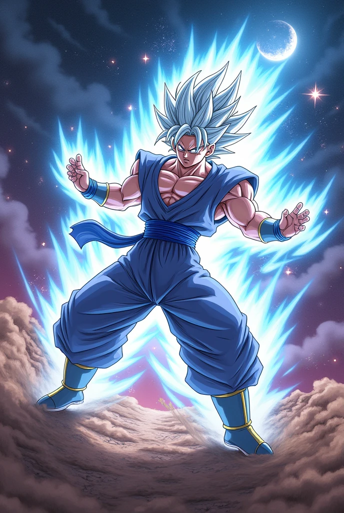 Create a scene where Goku in his Ultra Instinct form is fighting Bills.
