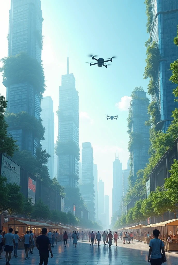 I want an image with a light blue background, where it shows that society and technology build each other; as we develop new technologies, these innovations shape the way we live and think