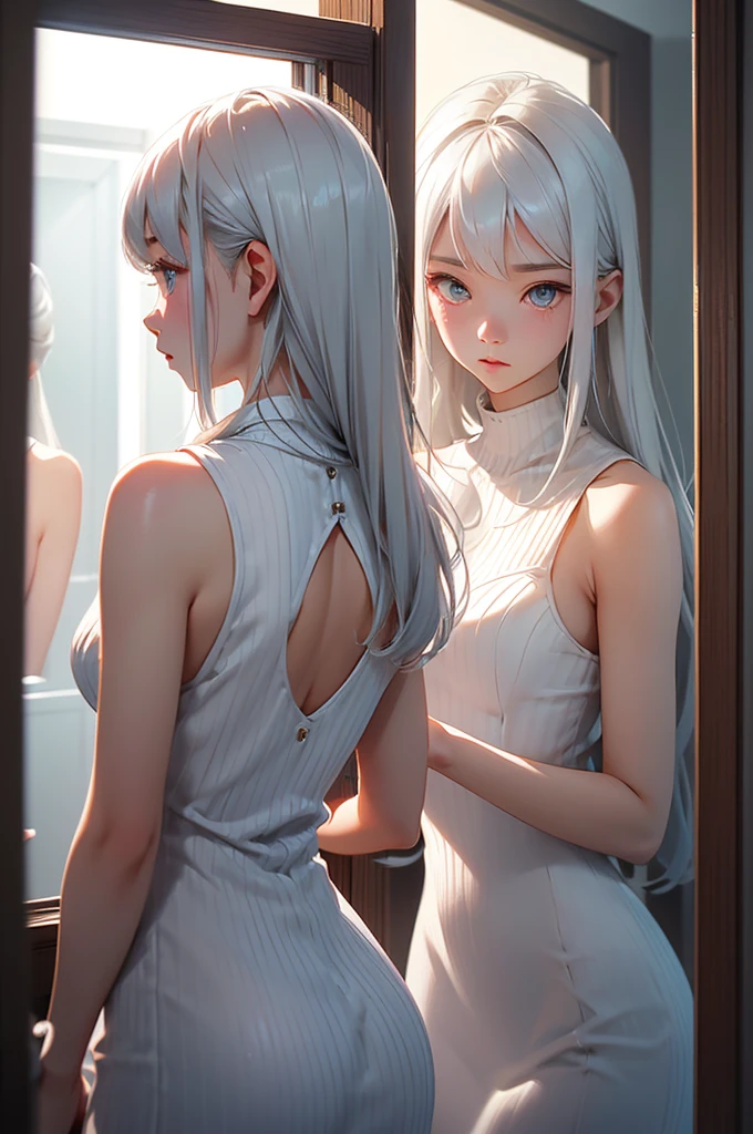 In a room filled with transparent light、A beautiful Japanese girl is depicted reflected in a mirror。She is wearing a white ribbed tank top dress、She stares at us with a soft expression。Her white-silver hair is naturally let down、Her eyes reflect a gentle light。Her back reflected in the mirror dissolves vaguely into the background、Creates a soft overall atmosphere。
As a photographic technique、Uses backlighting to make the subject stand out、Her outline is carefully crafted to stand out softly。The background is blurred white、A simple and sophisticated space。The vertical composition accentuates her delicate physique、The ultra-realistic live-action depiction、The texture of her skin and every strand of her hair are meticulously recreated。The way the light hits is delicate、The subtle reflections of light in her eyes are beautifully expressed as details。