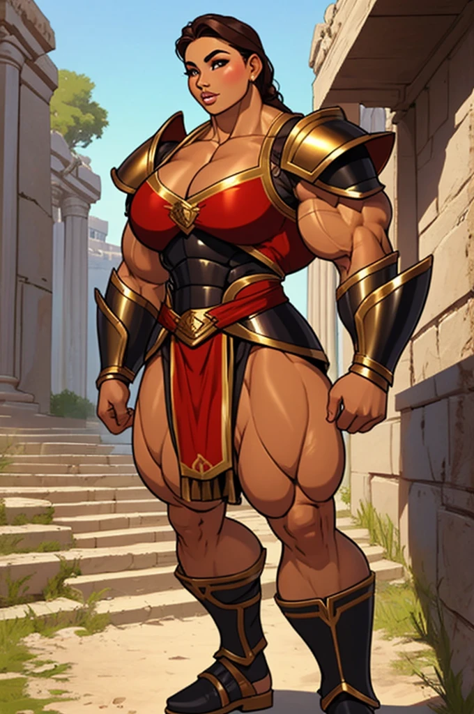 SFW close up, young girl, amazon warrior protecting a kid, in an ancient greek-like city, chest armor huge breastplate, huge thick pecs, young, teens, muscular, athletic, buff, attractive, curvy, powerful, bulky, incase, super tanned, dark bronzed skin, extremely huge thighs, hypermuscular legs, extremely pumped up quad muscles, wearing armor, ectorals, large pectorals, flat chest,, looking in complete adoration, parted lips, exaggeratedly thick thighs, narrow waist