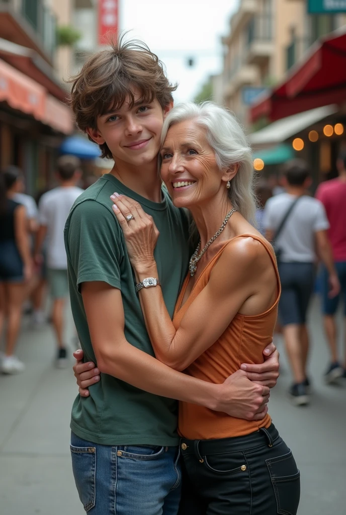 A teenage boy hugging from behind and stroking the legs of an old woman wearing a miniskirt and high heels, full body shot.