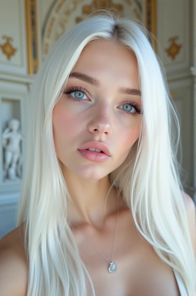 gere foto de Beautiful young woman with pale skin, baby blue eyes, long straight white hair, selfie making a cute pout, light pink makeup, inspired by bernini