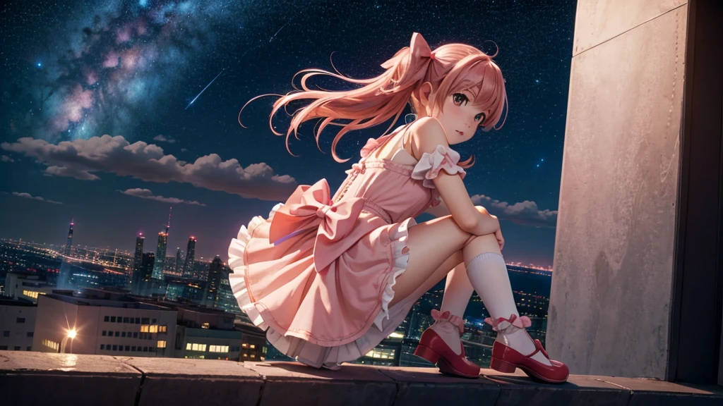 a girl on the top of a skyscraper,  looking at viewer, blush, sky, night, starry sky, galaxy, outdoors, cityscape, full body, bow \(weapon\), from back, bobby socks, 
 1girl, kaname madoka, pink hair, frilled dress, red footwear,