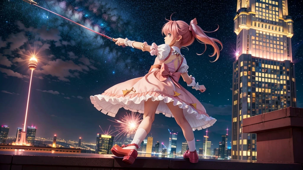 a girl on the top of a skyscraper,  looking at viewer, blush, sky, night, starry sky, galaxy, outdoors, cityscape, full body, bow \(weapon\), from back, bobby socks, 
 1girl, kaname madoka, pink hair, frilled dress, red footwear,