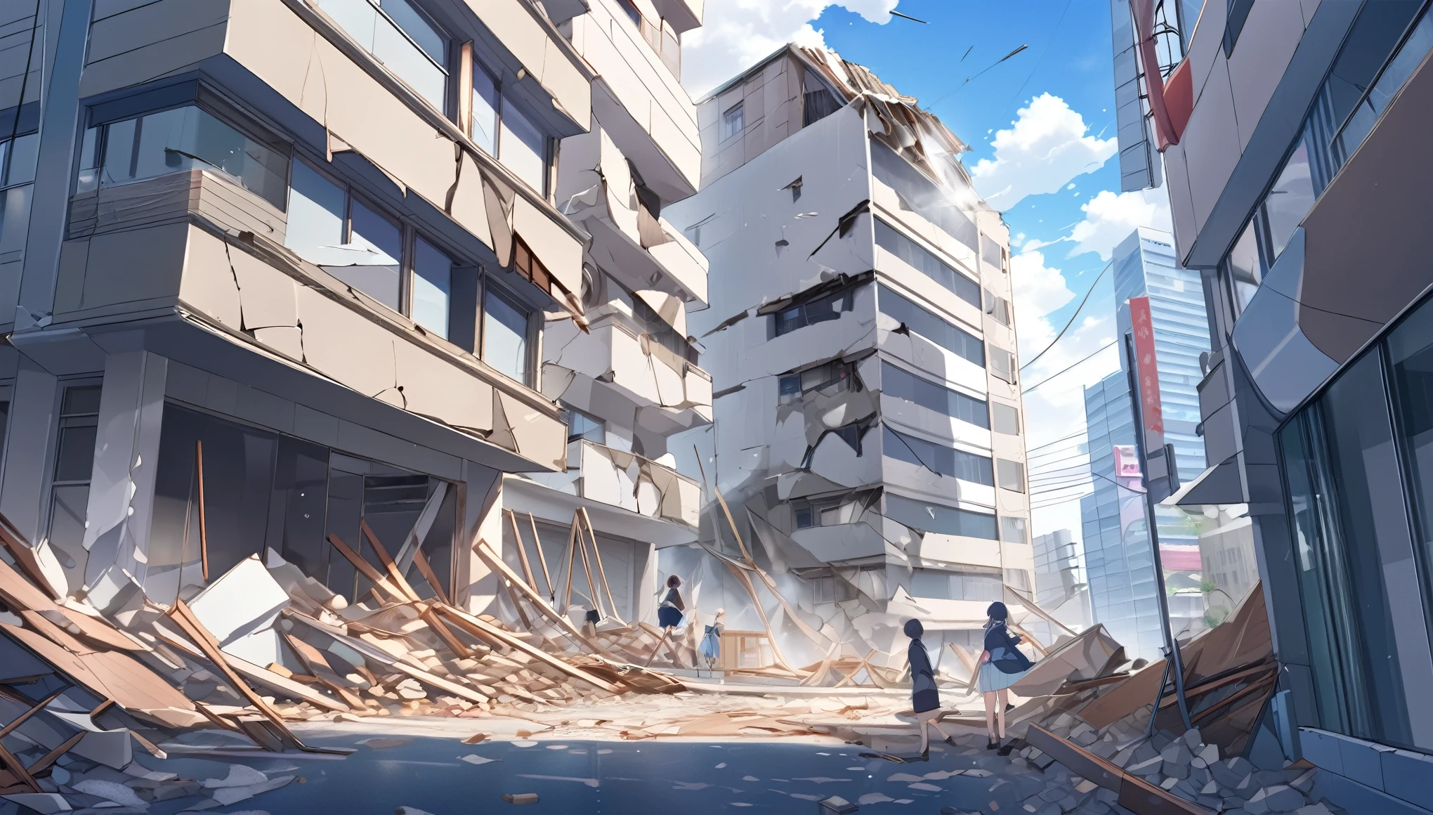 High definition、high resolution、Masterpiece、The building is destroyed、The building is leaning and about to collapse、Window glass is broken、The ground is cracking、earthquake、Tokyo Collapse、Daytime background、Amazing young people、Makoto Shinkai style