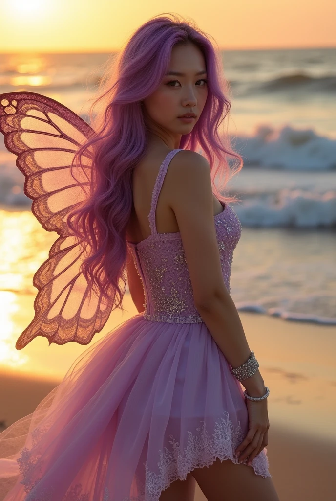 Korean butterfly woman with purple hair, wearing headphones and a short Victorian dress, shining short clothes, at sunset on the beach, perfect pirate body.