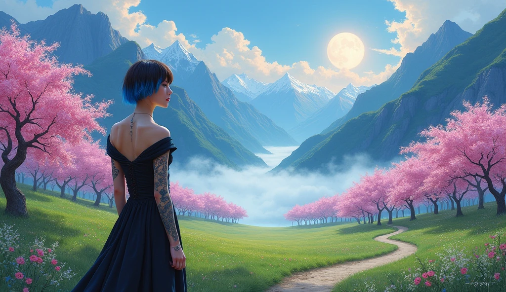 styled as a painting. Mountains ranges on either side of a green field dotted with vibrant cherry blossom trees with a path running to the roots of the mountain, a near full moon is in the night sky above the right side mountains. a Caucasian punk woman waits on the path on the left side facing the the mist rolling up the valley towards her. her short brunette hair is cut in an asymmetric fade with blue tips. her dress falling off her shoulders reveals a cherry blossom tattoo on her back from the left side of her waist diagonally up to her right shoulder.