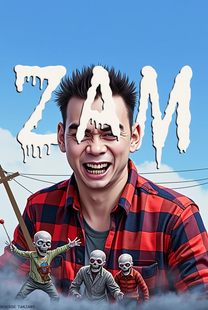 zombie theme in drawing, with the name ZAM at the top and MascaZombieRanhas at the bottom visibly, both names must appear, ZAM at the top and MascaZombieRanhas at the bottom