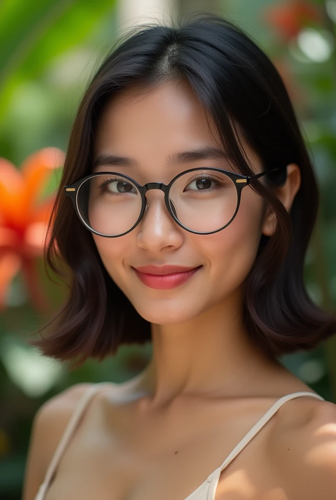 indonesian , 1 girl , selfie , round glasses, (( naked )), nice breast , close up
