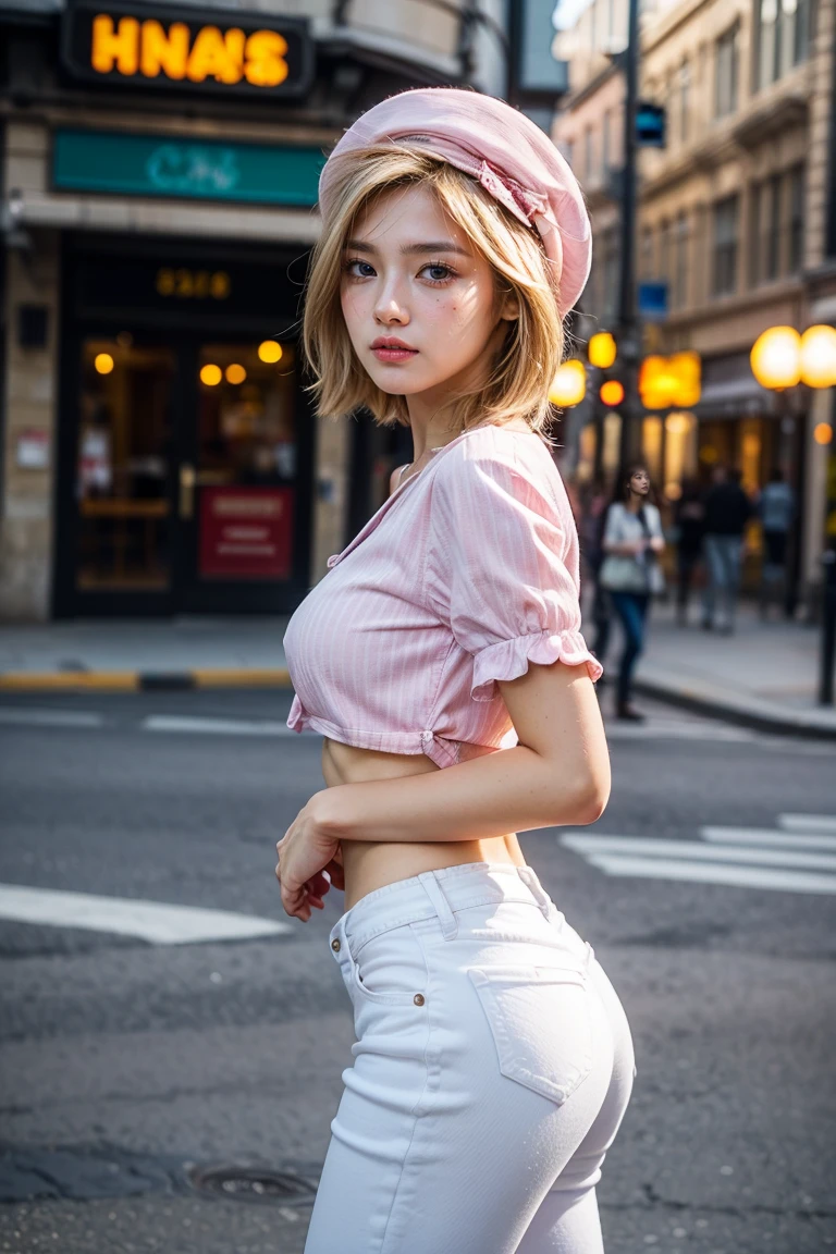 (1 woman), (Top Quality at its finest:1.4) (ultra detailed), (extremely detailed CG unified 16k), a beautiful woman with perfect figure: 1.4, sharp focus: 1.2, Very detailed, High definition RAW color photography, Professional photo session, Amazing face and eyes, Cosmetic products, (incredibly beautiful girl), ((From Lambda)), ((pink and white denim pants, pink and white striped shirt, pink hat, bare abdomen)), standing, sexy posture,(Stylish cityscape, day light), (look from below), realistic cinematic face, Full length, wide remote view., full body long view, photorealistic, ((realistic natural golden blonde hair style, Red eyes, short hair)), gorgeous, extremely beautiful face, perfect model beauty, pout mouth, Very detailed face and skin texture., detailed eyes, double eyelids, big breasts, smile, western film, (masterpiece), Best Quality, High resolution, extremely detailed, blurred background, depth of field, cinematic lighting, amazing legs, High heels, Clear and well-groomed skin, athletic, looking at the viewer, from side, (perfect ass, round ass)