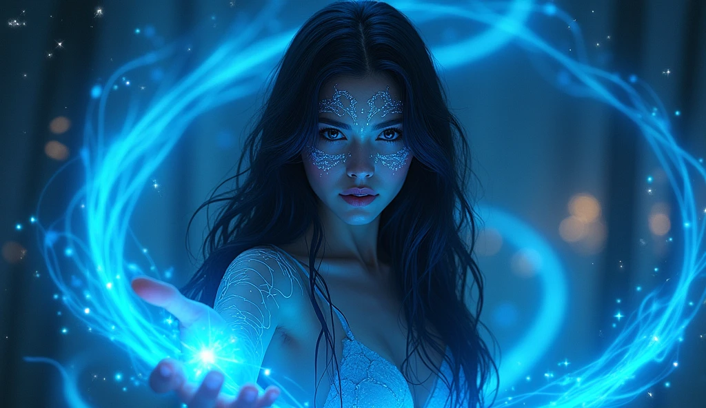 Fantasy-themed digital artwork featuring a young woman with long, wavy dark hair and light skin. Her face is adorned with glowing blue, vein-like patterns, and she has intense, focused eyes. She is surrounded by swirling blue magical energy, which she appears to be controlling with her outstretched hand. The background is dark with scattered, glowing embers, adding to the mystical atmosphere.