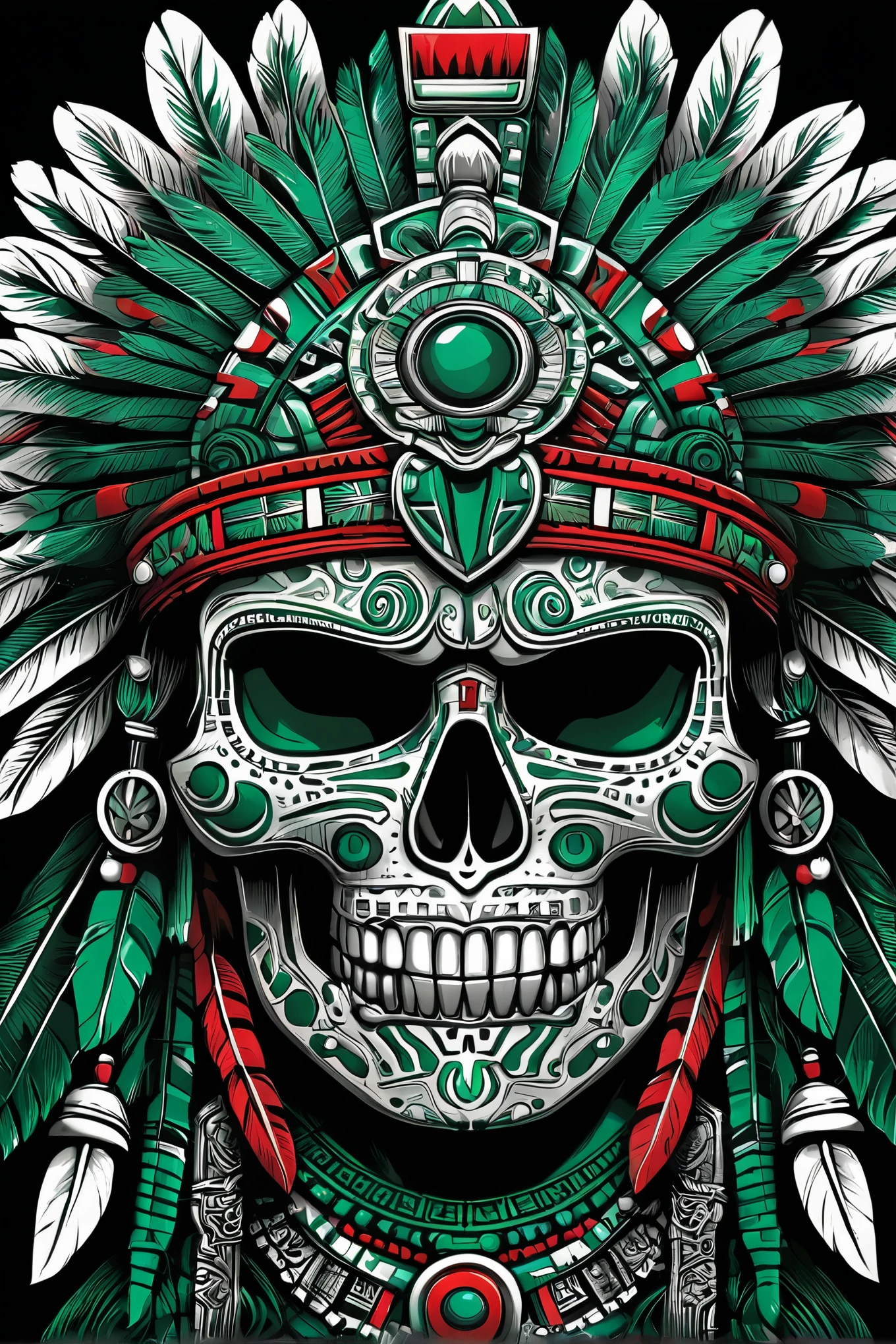 aztec skull, green, Red and white, Very detailed print, Maya style, 4k screen printing t-shirt design, aztec warrior, Mayan Jaguar Warrior, very detailed dark art, very detailed artwork, Heavy metal t-shirt design, very detailed art, Highly detailed engraving, detailed face, Arte limpio y detallado formato png (png) High resolution, High resolution, masterpiece, High details, Very detailed, 
