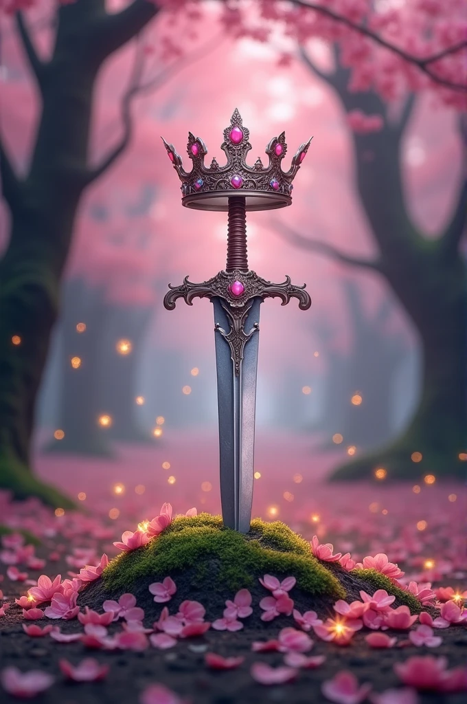  A cherry blossom forest with a sword stuck in the middle of the trees, and a crown on top of the sword, with fireflies in the background.