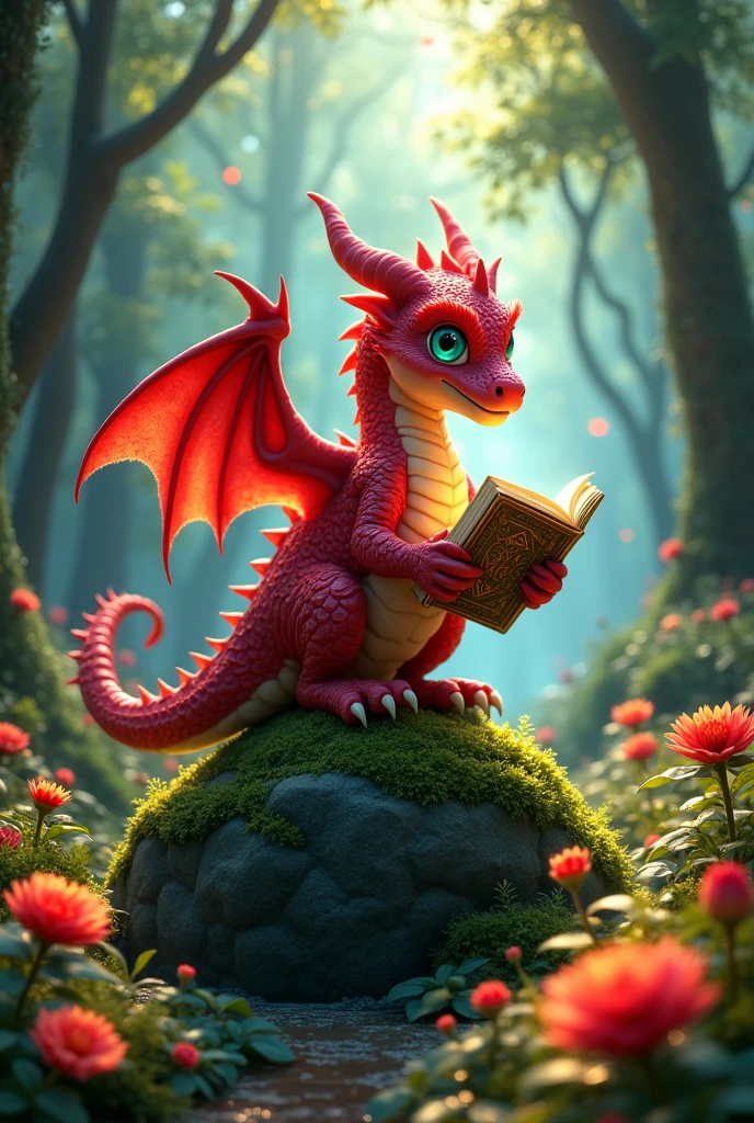 Enchanted forest with a red dragon and a golden magic book. (animated image) easy to draw