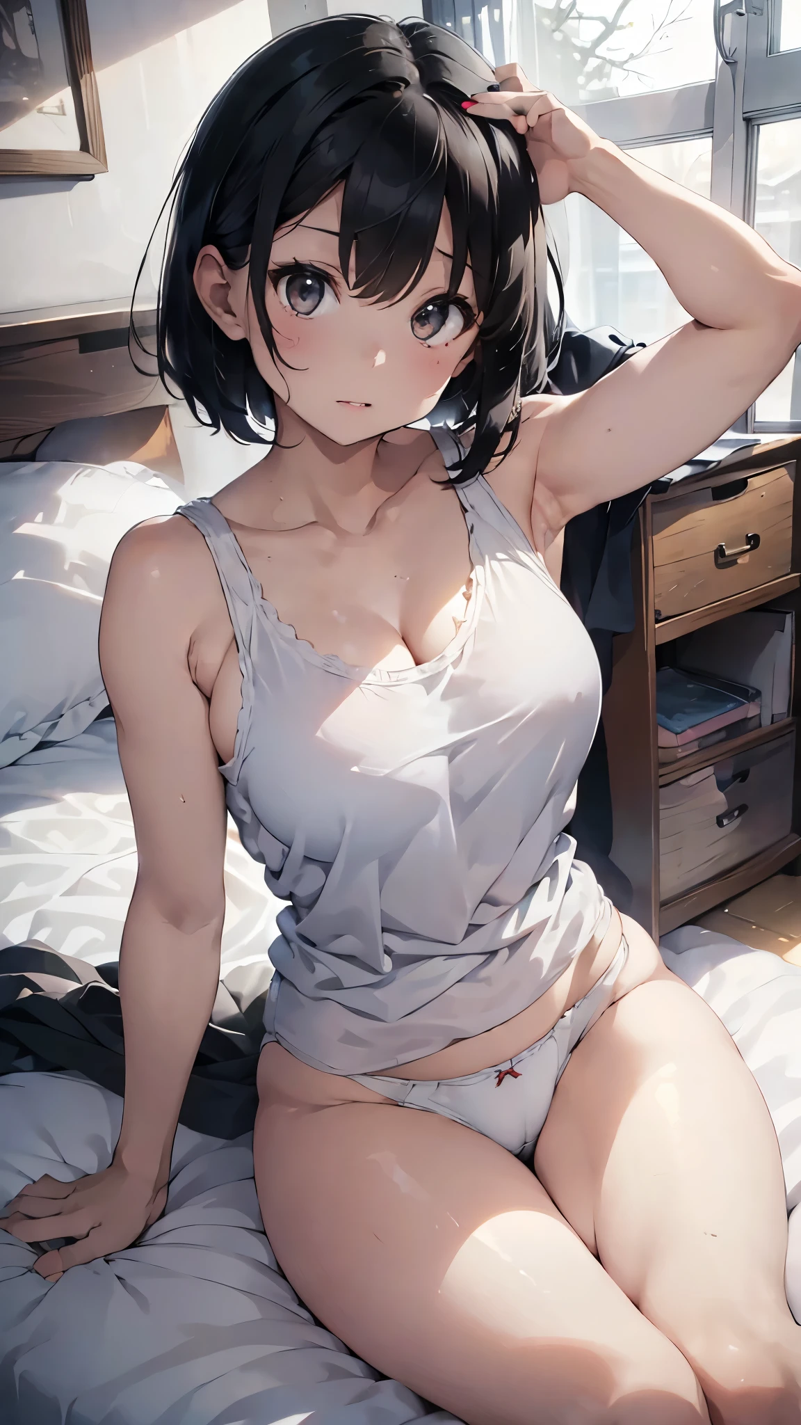 Black Hair Short Bob、No bra、Unnaturally large breasts、Big butt、Her breasts are visible、Wrinkled white large tank top、サイズの大きいsnow-white underwear、snow-white underwear、Sitting with legs down on the bed at home