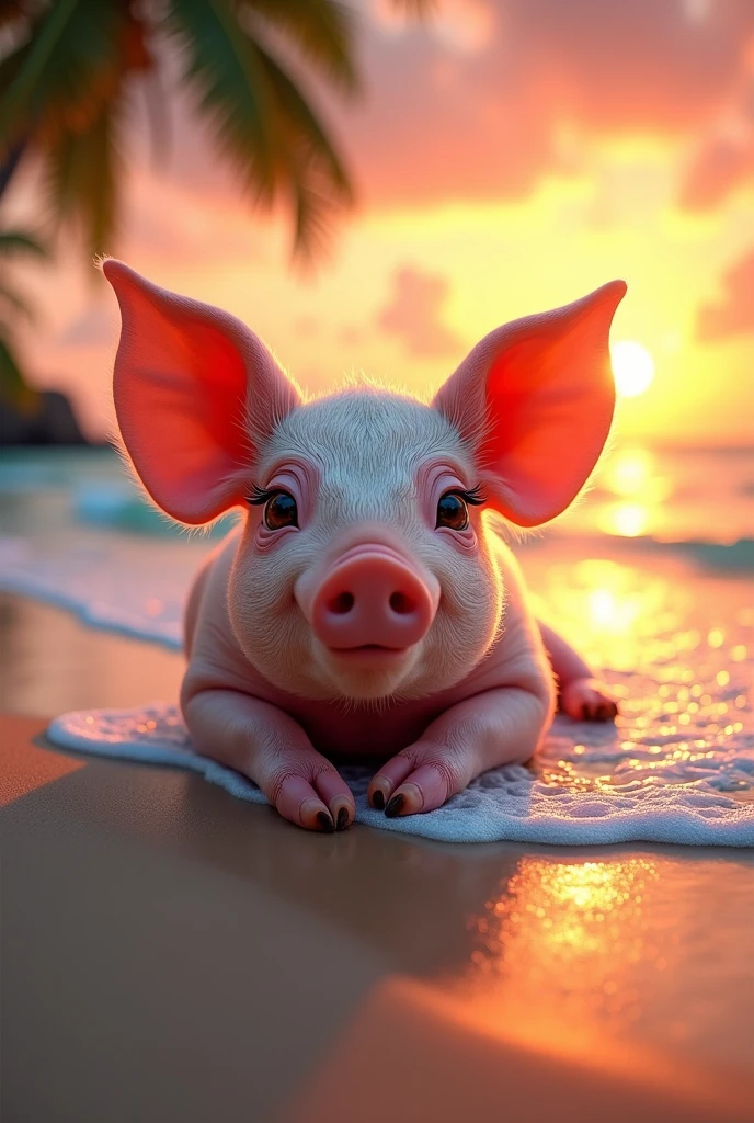  cute pig expression, tropical beach scene, vibrant colors, photo-realistic, 8k, highly detailed, masterpiece, beautiful detailed eyes, beautiful detailed lips, extremely detailed eyes and face, long eyelashes, photorealistic, hyperrealistic, volumetric lighting, dynamic composition, intricate textures