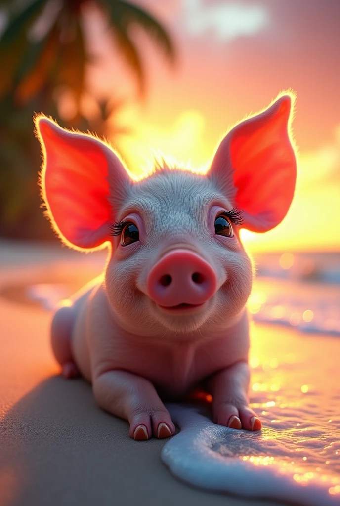 cute pig expression, tropical beach scene, vibrant colors, photo-realistic, 8k, highly detailed, masterpiece, beautiful detailed eyes, beautiful detailed lips, extremely detailed eyes and face, long eyelashes, photorealistic, hyperrealistic, volumetric lighting, dynamic composition, intricate textures