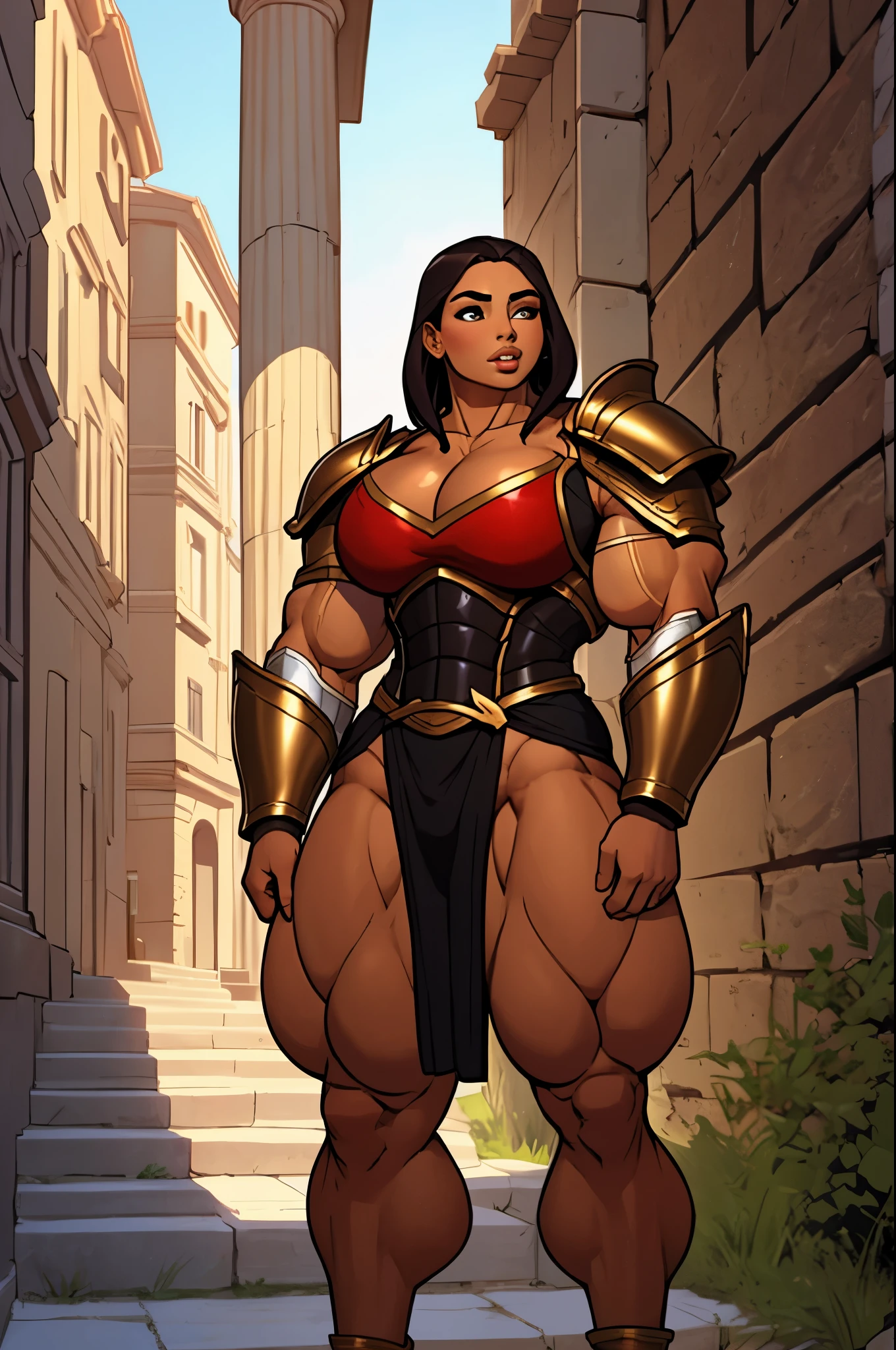 SFW close up, young girl, amazon warrior protecting a kid, in an ancient greek-like city, chest armor huge breastplate, huge thick pecs, young, teens, muscular, athletic, buff, attractive, curvy, powerful, bulky, incase, super tanned, dark bronzed skin, extremely huge thighs, hypermuscular legs, extremely pumped up quad muscles, wearing armor, ectorals, large pectorals, flat chest,, looking in complete adoration, parted lips, exaggeratedly thick thighs, narrow waist