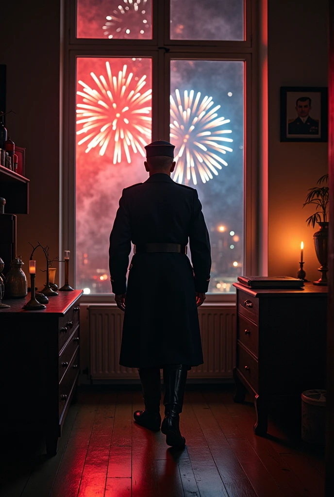 Make me a Nazi soldier walking towards the window in his apartment, and outside the window you can see fireworks.