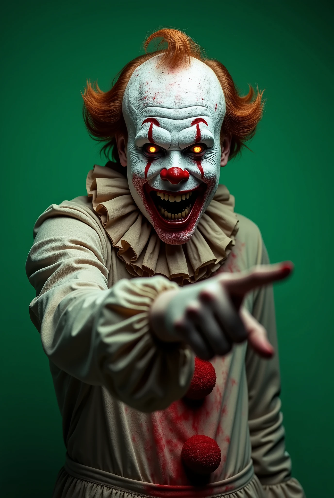 A 45-year-old man dressed as a terrifying clown, with smudged makeup, sharp, blood-stained teeth, and gruesome blood splatters on his face. His expression is intensely horrifying, with twisted, evil features that make his face 1,000 times more frightening. He wears a clown hat and has glowing, terrifying eyes. He's dressed in blood-stained clown clothes, standing closer to the camera, pointing to the left with a sinister, sad expression, against a green chroma key background
