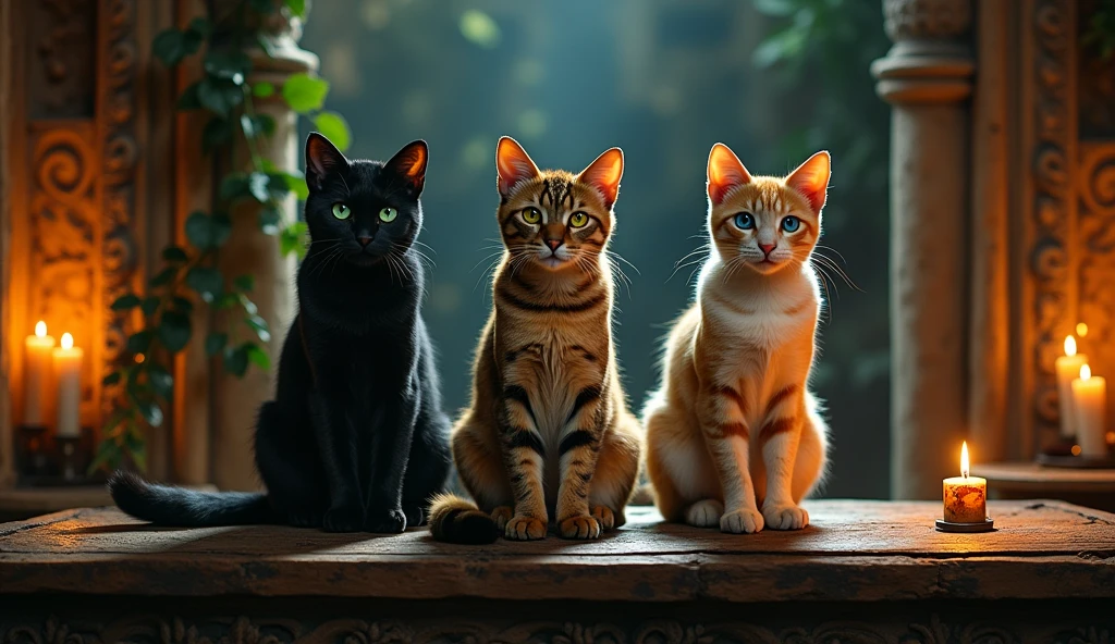give me 3 cats on mystical temple table from the 1800s