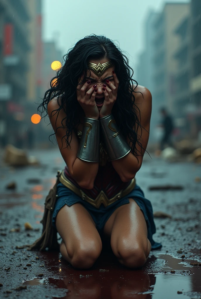 Wonder Woman kneeling with her hands on her face screaming in exhaustion after a battle, blood around her in a rainy apocalyptic city, wet hair, bloody and terrifying images. 