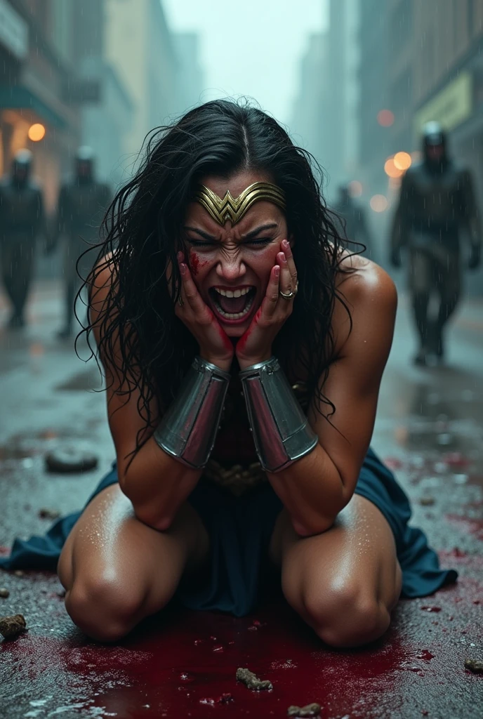 Wonder Woman kneeling with her hands on her face screaming in exhaustion after a battle, blood around her in a rainy apocalyptic city, wet hair, bloody and terrifying images. 
