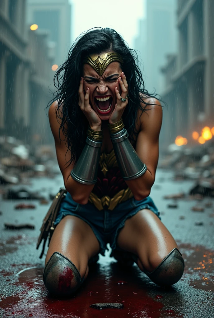 Wonder Woman kneeling with her hands on her face screaming in exhaustion after a battle, blood around her in a rainy apocalyptic city, wet hair, bloody and terrifying images. 
